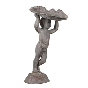 29" LEAD BIRDBATH DEPICTING A YOUNG BOY HOLDING A CLAM SHELL.