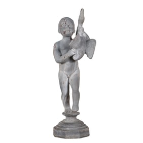 29" LEAD FOUNTAIN FIGURE DEPICTING A YOUNG BOY HOLDING A BIRD.