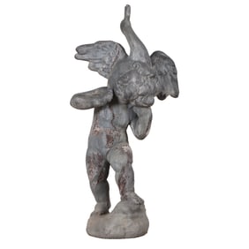 26" LEAD FOUNTAIN FIGURE DEPICTING A YOUNG BOY JOYFULLY CARRYING A BIRD ON HIS BACK.