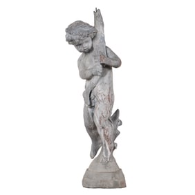 ONE OF TWO 42" LEAD FOUNTAIN FIGURE OF A BOY HOLDING A FISH.
