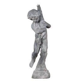 ONE OF TWO 42" LEAD FOUNTAIN FIGURES OF A BOY HOLDING A FISH.