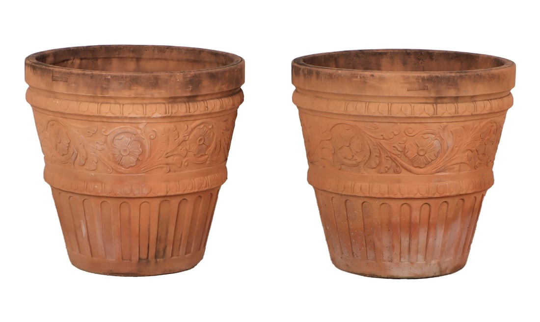 28" PAIR OF ITALIAN TERRACOTTA POTS. STAMPED BY MAKER. (1 of 5)