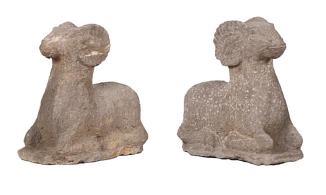 17" PAIR OF CARVED STONE RAMS.