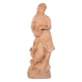 47" CLASSICAL ROBED TERRACOTTA FIGURE OF A FEMALE ADORNED WITH FLOWERS.