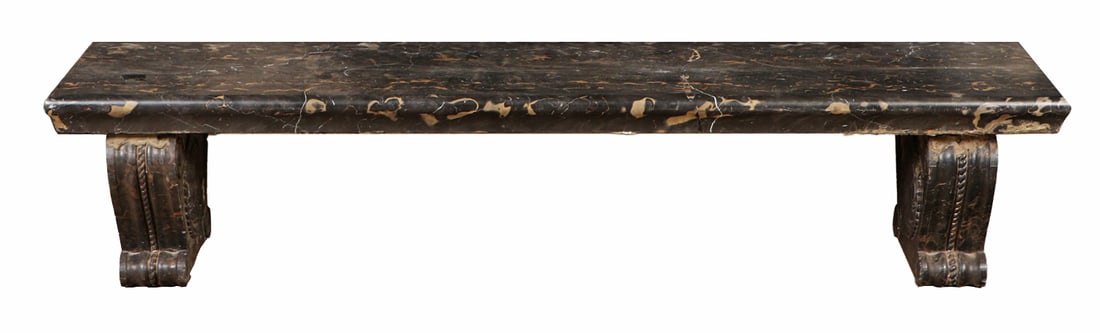 THREE PIECE MARBLE BENCH C 1920 CONSTRUCTED FROM NERO PORTORO MARBLE. (1 of 7)