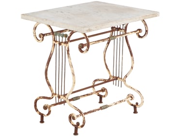 RARE FRENCH LYRE FORM MARBLE TOP TABLE HAVING BRONZE DETAILS C 1890.