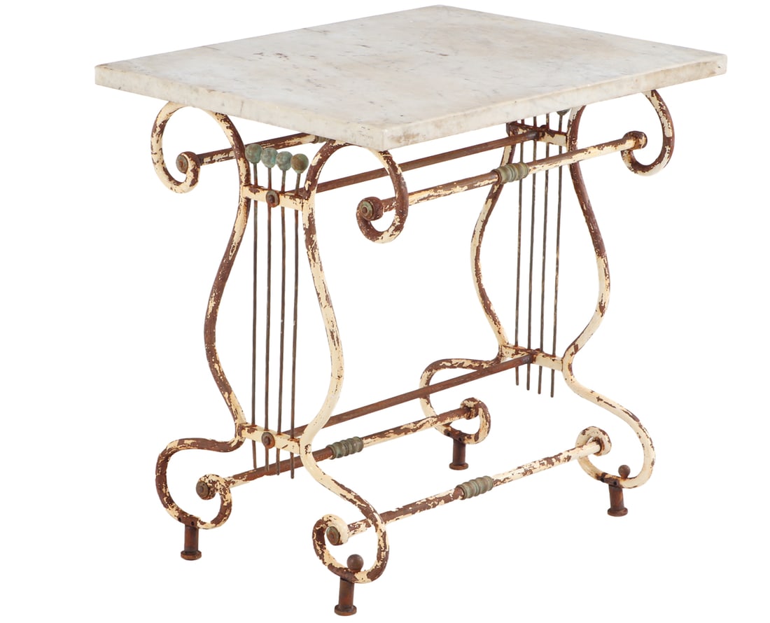 RARE FRENCH LYRE FORM MARBLE TOP TABLE HAVING BRONZE DETAILS C 1890. (1 of 5)