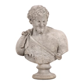 TWO PIECE CAST STONE BUST OF A SATYR BY HADDONSTONE.