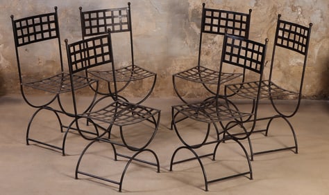 SIX FRENCH IRON AND BRASS CURULE FORM CHAIRS WITH WOVEN DESIGN C 1980.