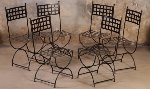 SIX FRENCH IRON AND BRASS CURULE FORM CHAIRS WITH WOVEN DESIGN C 1980.: Six French iron and brass Curule form chairs with woven design C 1980. Ht: 39" Wd: 18" Dpth: 20" Seat: 18.5"