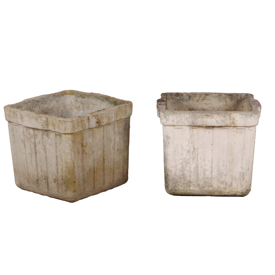 PAIR OF FRENCH CAST STONE BUCKET FORM GARDEN URNS BY WILLY GUHL C 1970.: Pair of French cast stone bucket form garden urns by Willy Guhl C 1970. Ht: 14" Wd: 16.75" Dpth: 16.75"