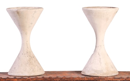TWO OF FIVE FRENCH CAST STONE HOURGLASS PLANTERS C 1970 BY WILLY GUHL.