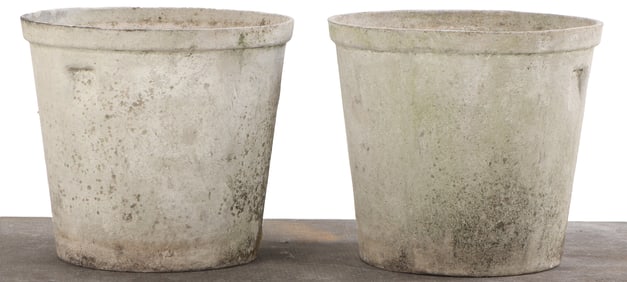 PAIR CYLINDRICAL FRENCH CAST STONE PLANTERS ATTRIBUTED TO WILLY GUHL C 1975.