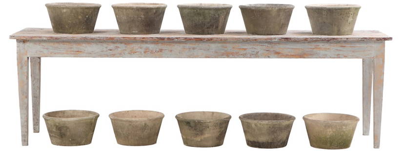 A SET OF TEN PETITE FRENCH CAST STONE PLANTERS CIRCA 1950.: A set of ten petite French cast stone planters circa 1950. Ht: 7.75" Wd: 15" Dpth: 15"