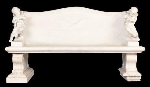 A RARE AND IMPRESSIVE 19TH CENTURY ITALIAN CARVED WHITE MARBLE BENCH IN THE RENAISSANCE STYLE BEING