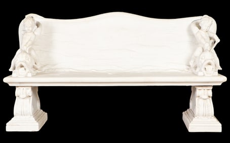 A RARE AND IMPRESSIVE 19TH CENTURY ITALIAN CARVED WHITE MARBLE BENCH IN THE RENAISSANCE STYLE