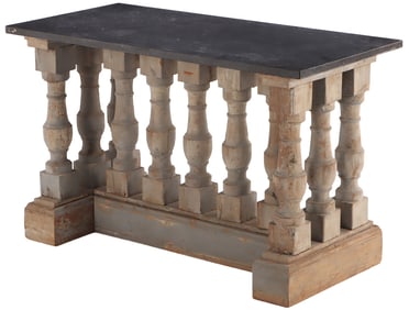 A FRENCH VINTAGE BALUSTRADE MARBLE TOP CONSOLE TABLE