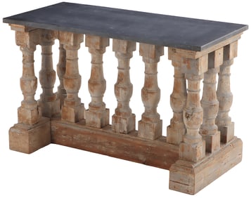A FRENCH VINTAGE BALUSTRADE MARBLE TOP CONSOLE TABLE
