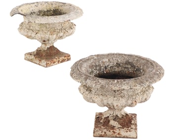 SMALL PAIR FRENCH CAST IRON TABLE TOP URNS C 1900 WITH DAMAGE.
