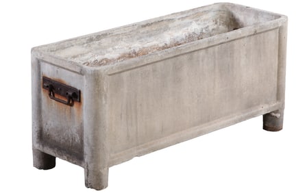 A LARGE CAST STONE FRENCH RECTANGULAR PLANTER WITH IRON HANDLES.