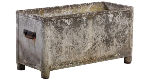 A LARGE CAST STONE FRENCH RECTANGULAR PLANTER WITH IRON HANDLES.