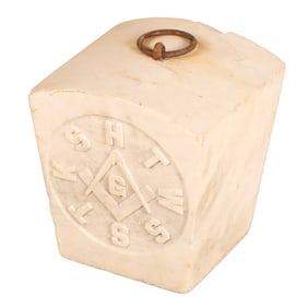 CARVED MARBLE KEYSTONE OR DOOR STOP WITH MASONIC DETAILS C 1900.