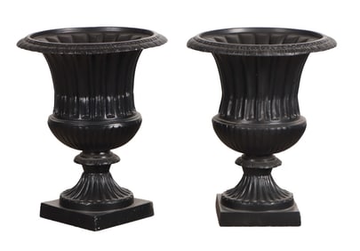 PAIR CAMPAGNA FORM CAST IRON GARDEN URNS.