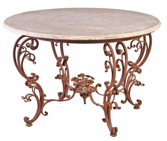 ITALIAN SCROLL FORM WROUGHT IRON GARDEN TABLE HAVING CENTRAL BASKET OF FLOWERS AND MARBLE TOP