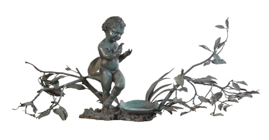 TWO PART PLAYFUL BRONZE CHERUB WITH A PAN STANDING IN FOLIAGE.
