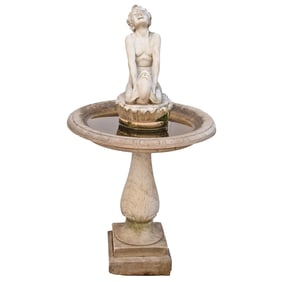 A FIVE PART CARVED MARBLE FOUNTAIN C 1900. THE ACANTHUS CARVED STANDARD SUPPORTING A 36" BOWL.