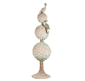 A 78" PARTIAL PAINTED CAST STONE TOPIARY HAVING TWO BIRDS.