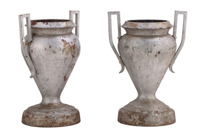RARE 36" PAIR OF CAST IRON ART DECO HANDLED GARDEN URNS BY KRAMER BROTHERS C 1920.
