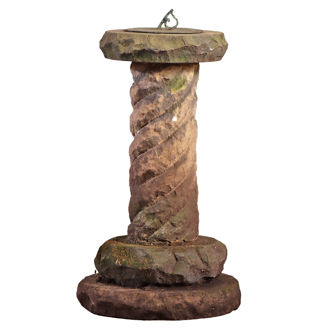 BRONZE SUNDIAL RESTING ATOP A CARVED STONE PEDESTAL. (1 of 6)