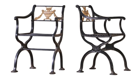 PAIR OF PAINTED CAST IRON GARDEN CHAIRS WITH BRONZE BACKS MARKED W A SNOW BOSTON 1925