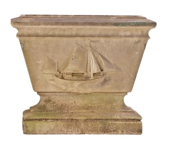 RARE CARVED BLUE STONE PLANTER HAVING A RELIEF CARVED SAIL BOAT C 1900.