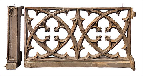 THREE HEAVY CAST IRON GOTHIC STYLE PANELS ALONG WITH FOUR MATCHING IRON POSTS C 1870.