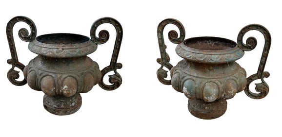 PAIR OF FRENCH TABLE TOP CAST IRON GARDEN URNS WITH HANDLES C 1890.
