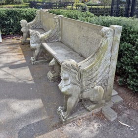 GRAND CARVED MARBLE ENGLISH STYLE ESTATE BENCH HAVING WINGED SPHINX DECORATION. BREAKS DOWN INTO
