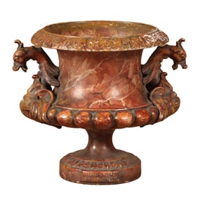 FRENCH CAST IRON TERRACE URN C 1900 HAVING A FAUX MARBLE FINISH, WINGED GRIFFINS AND LABELED ALFRED