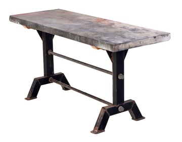 BELGIAN IRON POTTING TABLE HAVING A THICK BLUE STONE TOP C 1920.