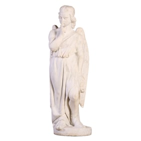 39" CARVED MARBLE FIGURE OF A WINGED ANGEL SIGNED ORSSETI ROMA C 1900.