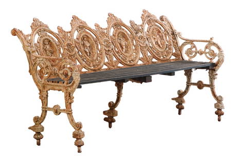A NINETEENTH CENTURY CAST IRON GARDEN BENCH BY MORGAN, MACAULAY & WADE HAVING A WOOD SLAT SEAT.: A nineteenth century cast iron garden bench by Morgan, Macaulay & Wade having a wood slat seat. Ht: 37.5" Wd: 70" Dpth: 29" Seat: 20"