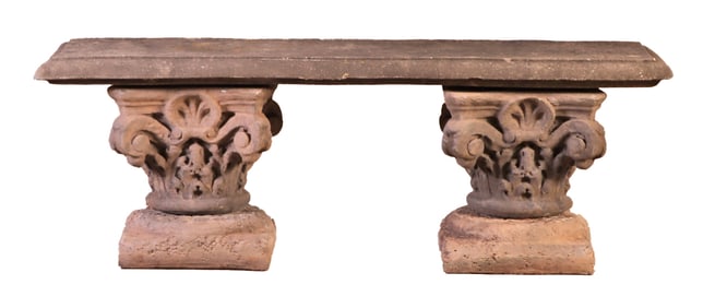 FIVE PIECE CAST STONE GARDEN BENCH HAVING CAPITALS AS SUPPORTS.