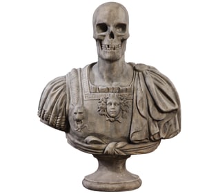 CARVED MARBLE BUST OF A ROMAN SOLDIER WITH A SKULL.