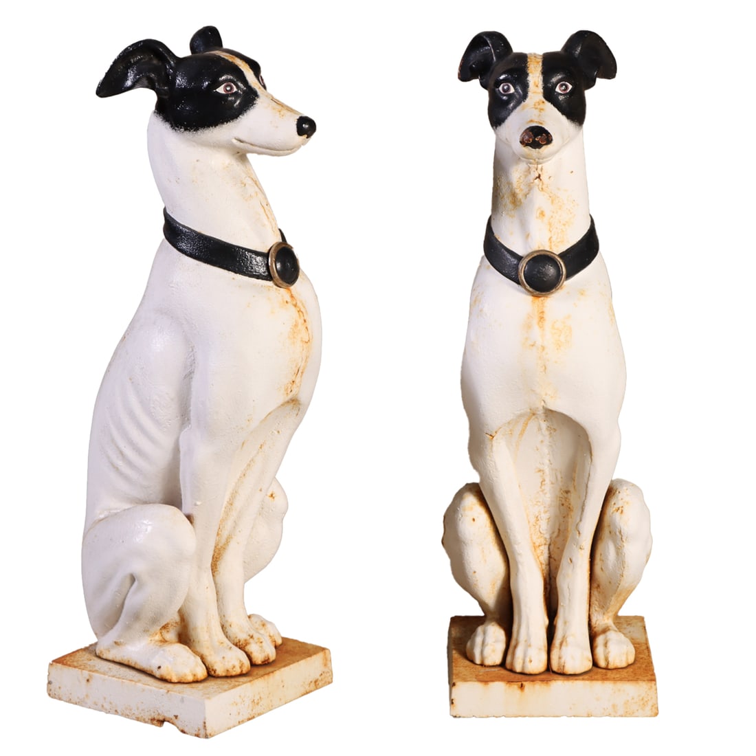 PAIR OF PAINT DECORATED CAST IRON FIGURES OF WHIPPETS. (1 of 6)