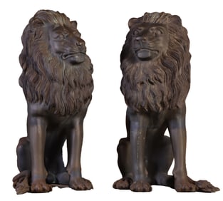36" PAIR OF BRONZE MAJESTIC LIONS.