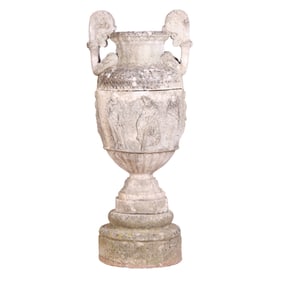 58" THREE PIECE STONE URN WITH HANDLES HAVING CLASSICAL MAIDENS C 1940.