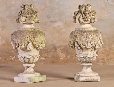 31" PAIR OF FRENCH CAST STONE FINIALS WITH CORNUCOPIA TOPS C 1950.