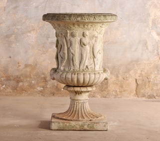 37" ENGLISH CAST STONE GARDEN URN WITH CLASSICAL FIGURES C 1950.