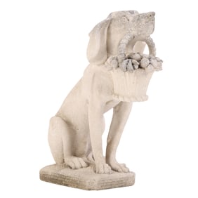 ENGLISH CARVED LIMESTONE FIGURE OF A HOUND HOLDING A BASKET OF FLOWERS C 1980.
